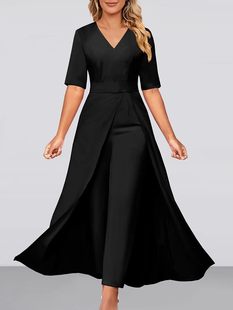 Women's Fashion V-neck Short Sleeve Ankle-tied Jumpsuit - Black
