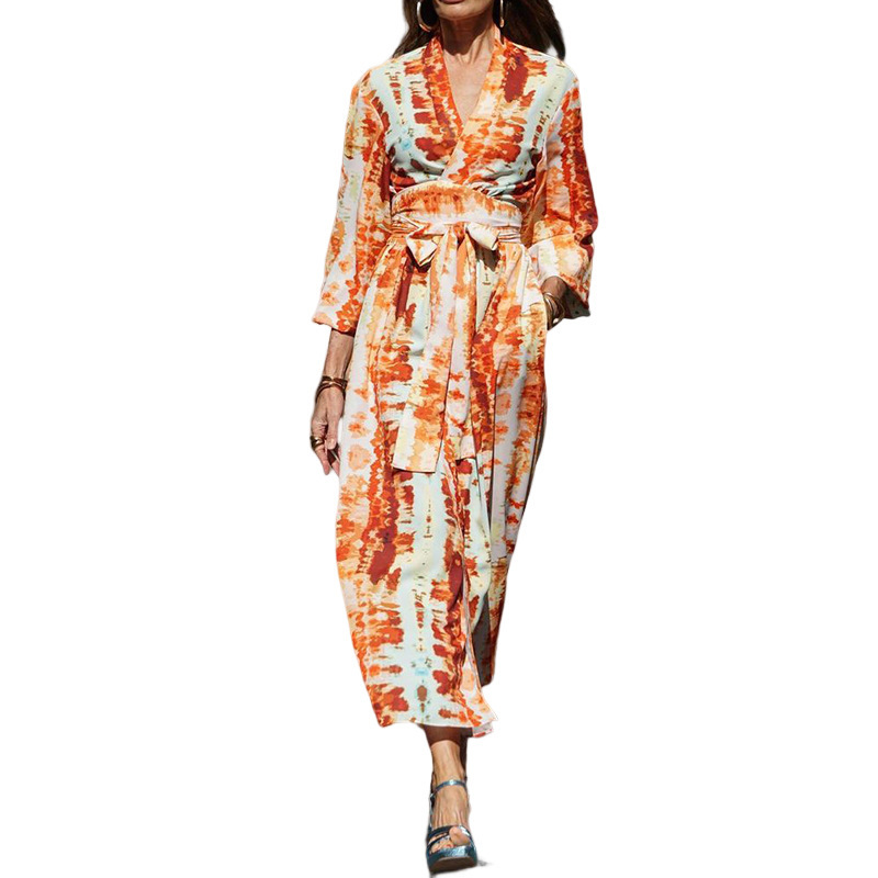 Women's Fashion Printed V-neck Belt Midi Dress