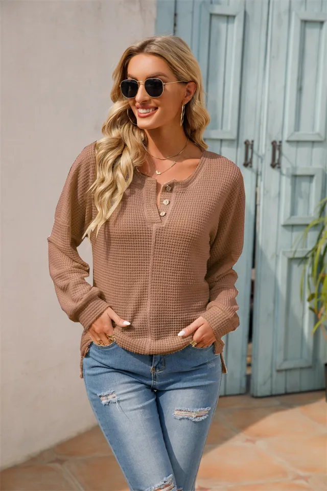 Women's Fashionable Round Neck Waffle Knitted Pullover Caramel Color - Shop at LoveMi