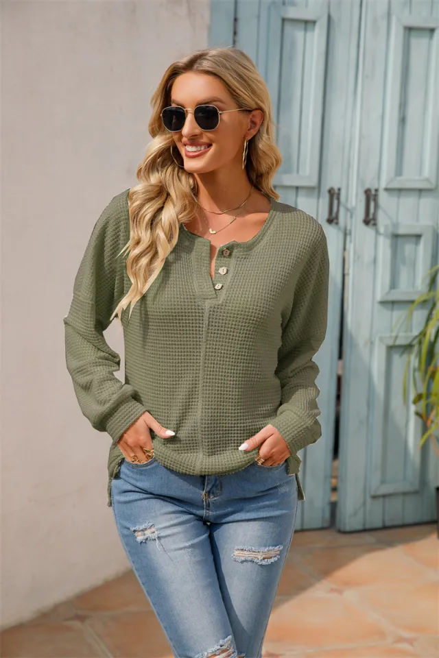 Women's Fashionable Round Neck Waffle Knitted Pullover Army Green - Shop at LoveMi