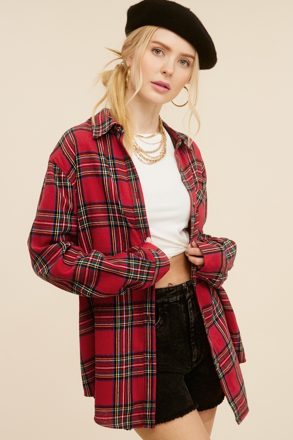 Women's Fashion Polo Collar Pocket Single-breasted Plaid Shirt