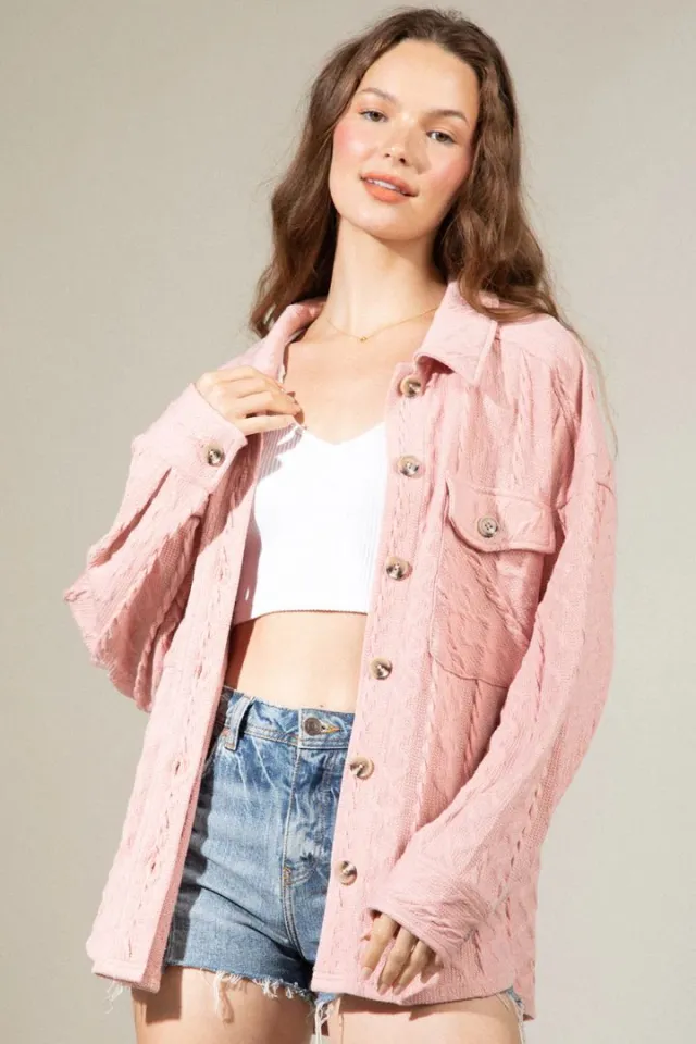 Women's Fashion Large Pocket Twist Knitted Shirt Coat Pink - Shop at LoveMi
