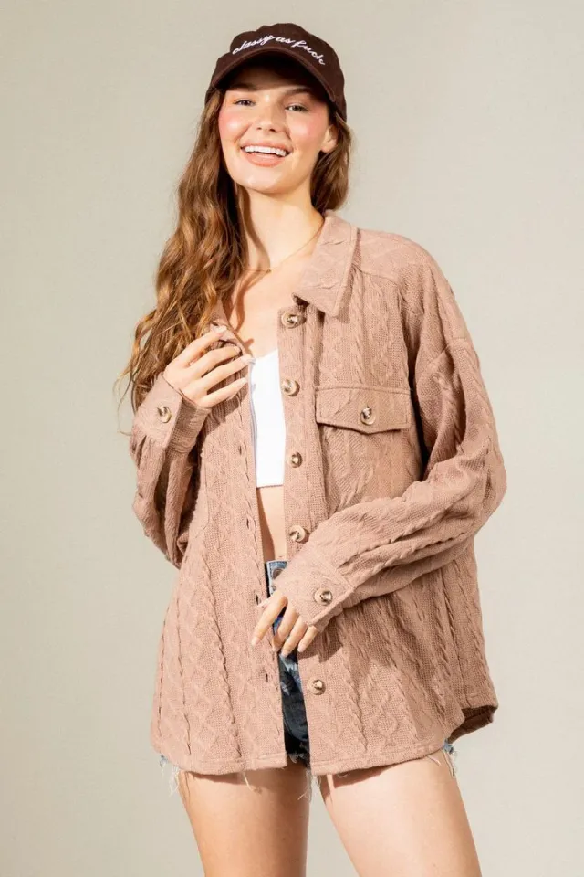 Women's Fashion Large Pocket Twist Knitted Shirt Coat Khaki - Shop at LoveMi