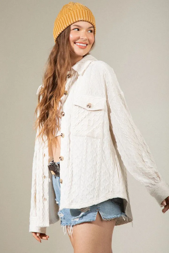 Women's Fashion Large Pocket Twist Knitted Shirt Coat - White