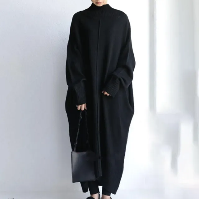 Loose Large Size Mid length Turtleneck Dress Sweater Black - Shop at LoveMi