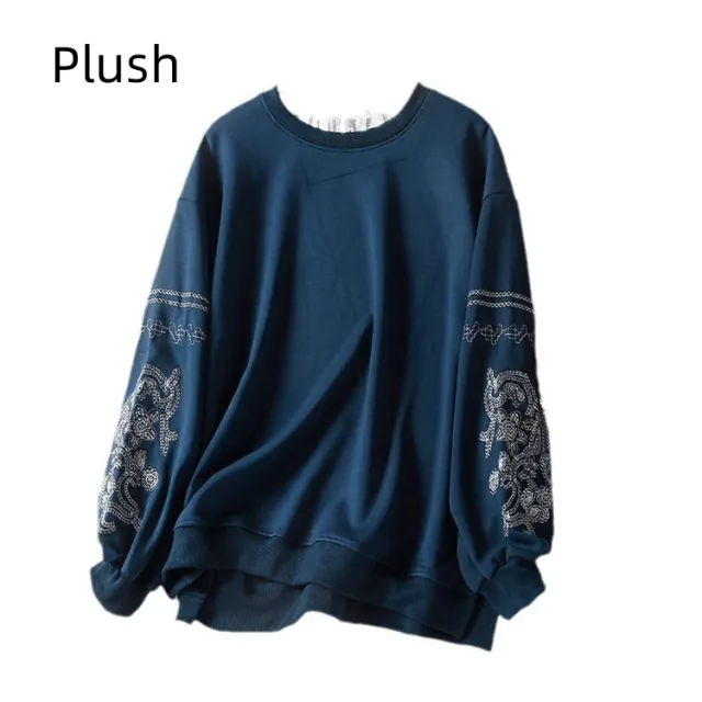 Lace Stitching Embroidered Crew Neck Sweater For Women Blue, Fleece Lining - Shop at LoveMi