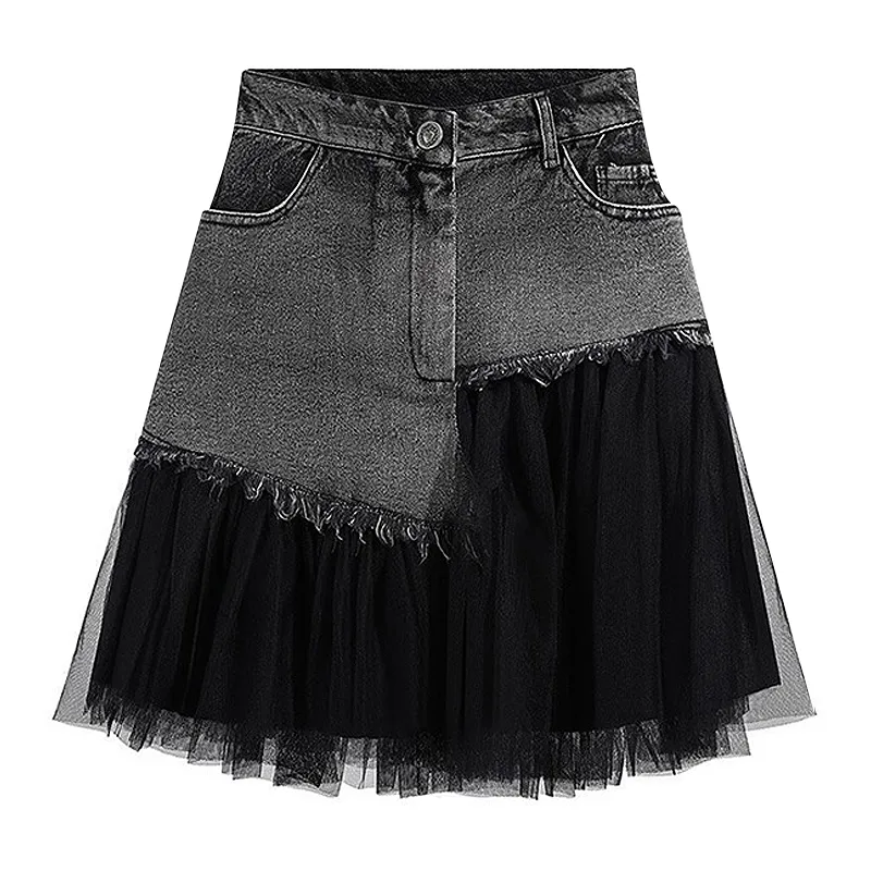 A-line Covered Crotch Patchwork Mesh Denim Skirt - Black