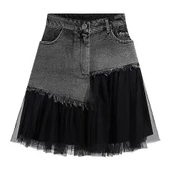 A-line Covered Crotch Patchwork Mesh Denim Skirt - Black - View 1