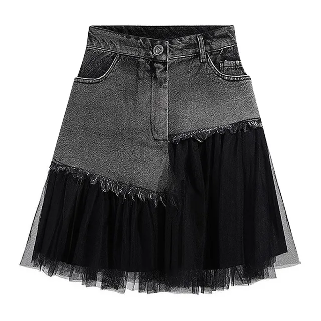 A line Covered Crotch Patchwork Mesh Denim Skirt Black - Shop at LoveMi