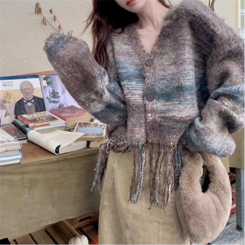 French Gradient Tassel V-neck Sweater Coat
