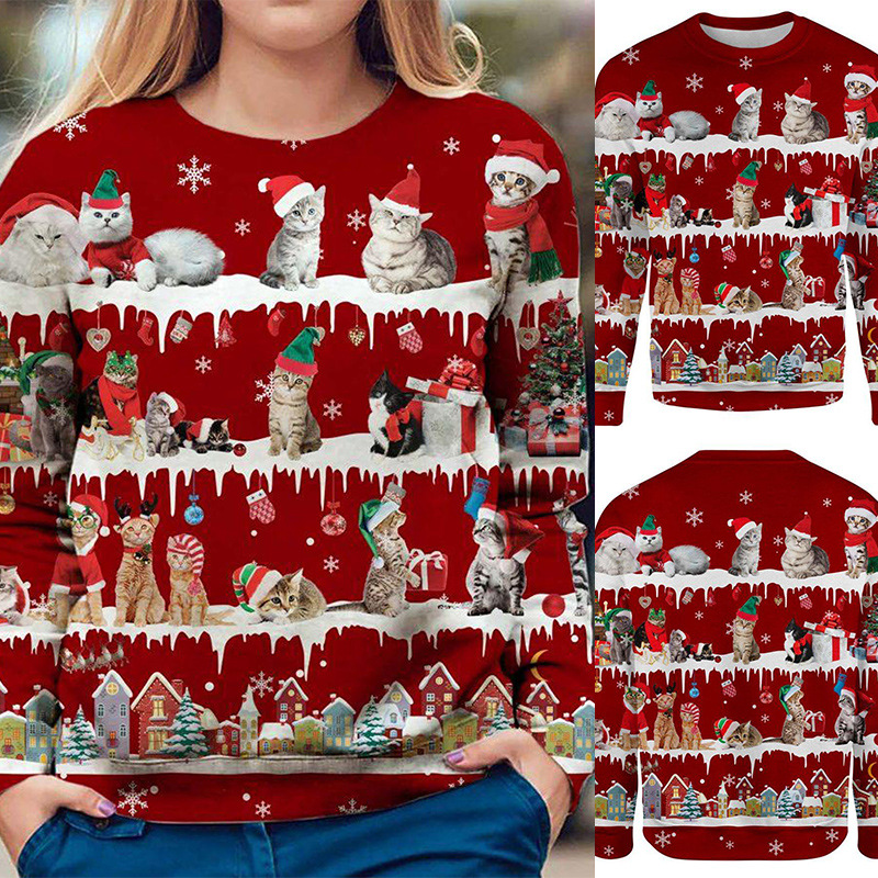 Women's Round Neck Printed Christmas T-shirt