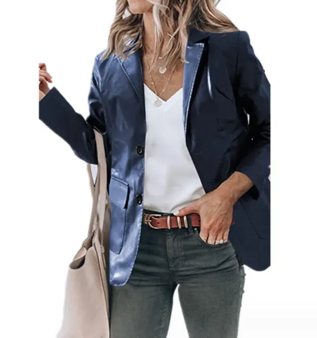 Lapel Single Breasted Solid Color PU Leather