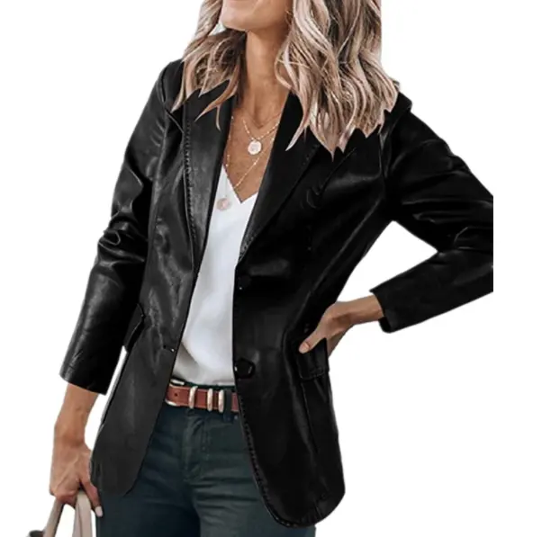 Lapel Single Breasted Solid Color PU Leather
