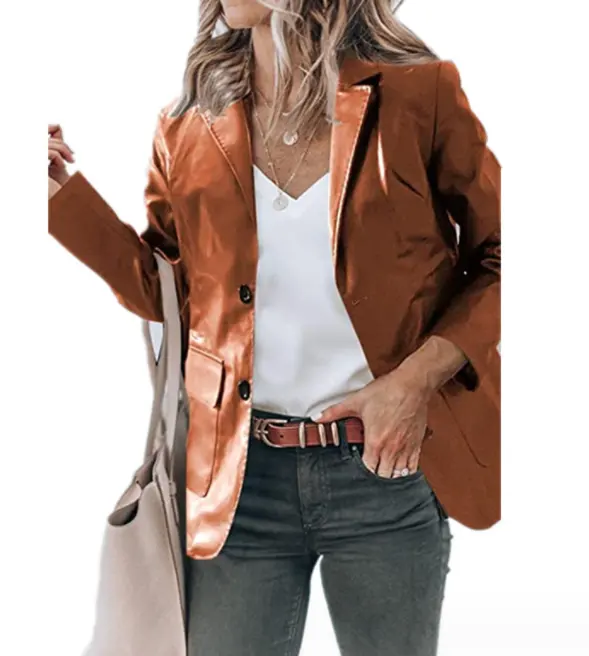 Lapel Single Breasted Solid Color PU Leather