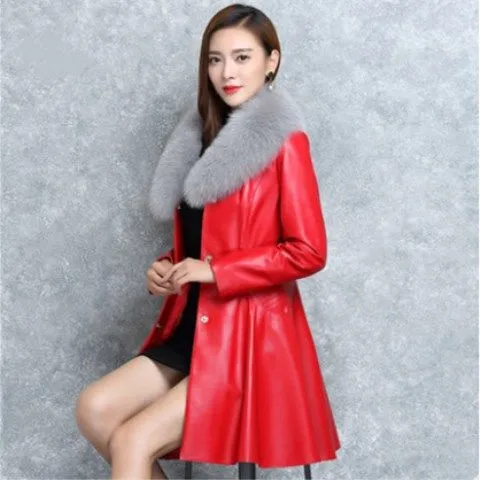 Women's Faux Fox Fur Collar Fur Coat - Red