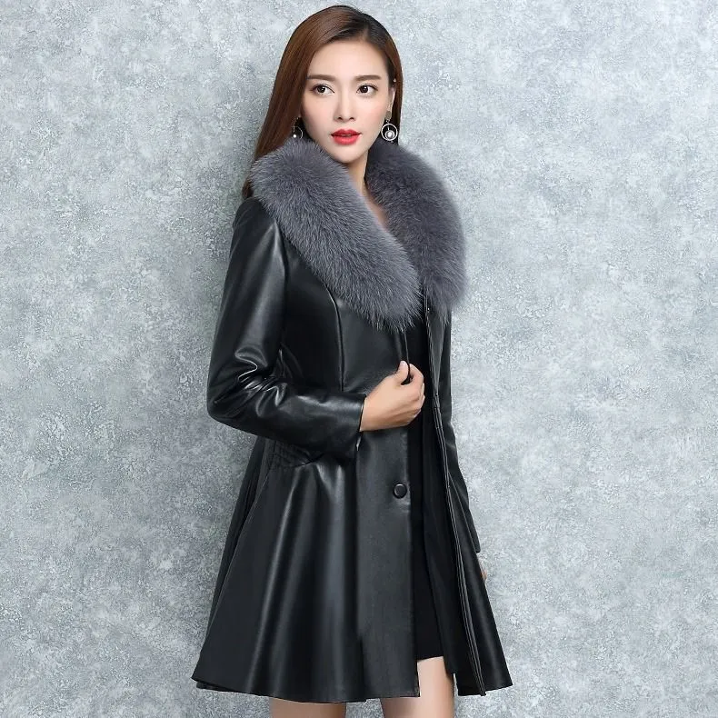 Women's Faux Fox Fur Collar Fur Coat - Black