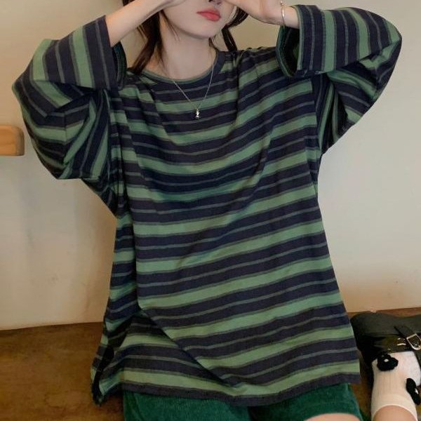Large Size Striped Loose Slimming Long Sleeves T-shirt Preppy Style Top