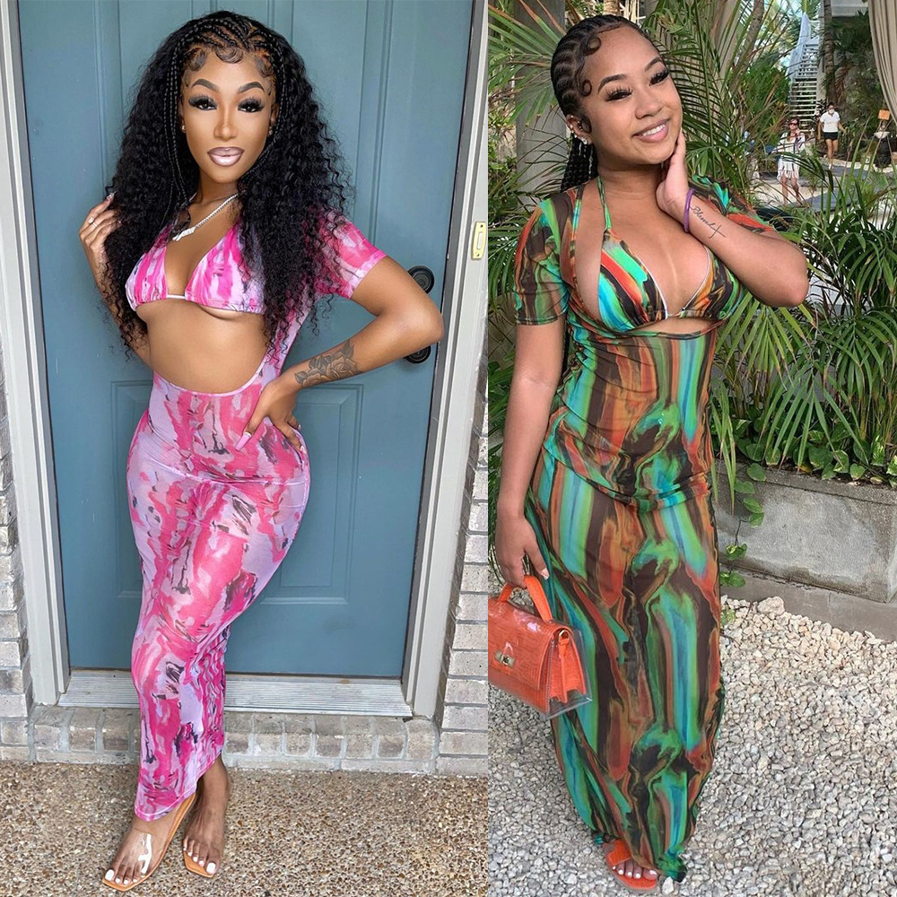 Printed Mesh Dress Long Dress