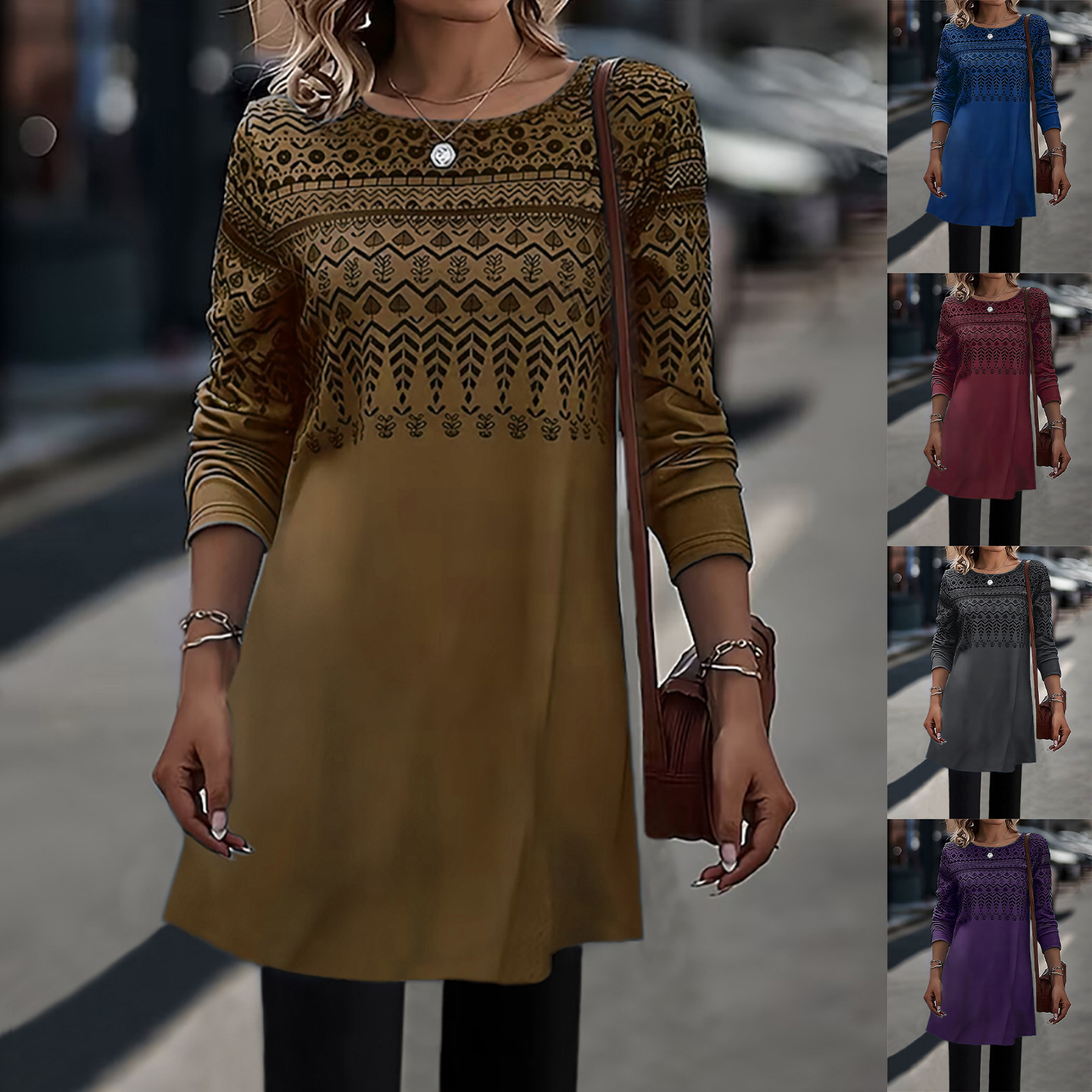 Women's Fashionable Printed Long-sleeved Mid-length Knitted Top