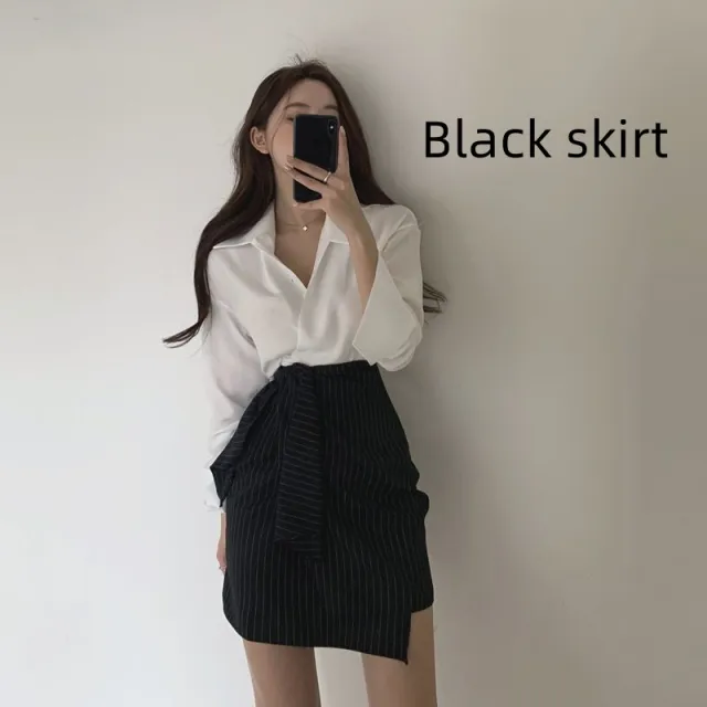 Women's Shirt Fashion High Waist A Line Skirt Slimming Two piece Suit Black Striped Skirt - Shop at LoveMi