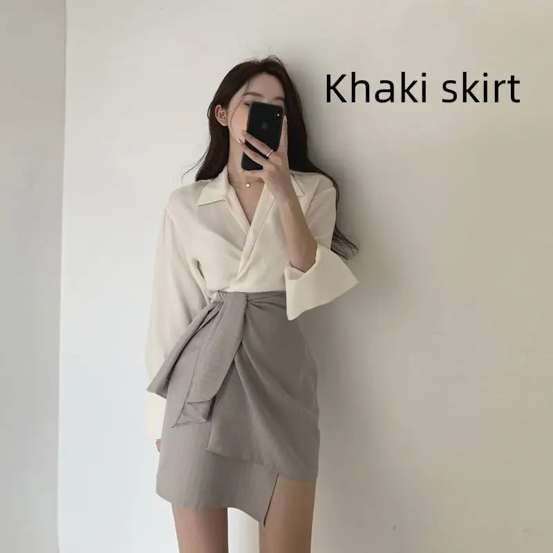 Women's Shirt Fashion High Waist A- Line Skirt Slimming Two-piece Suit