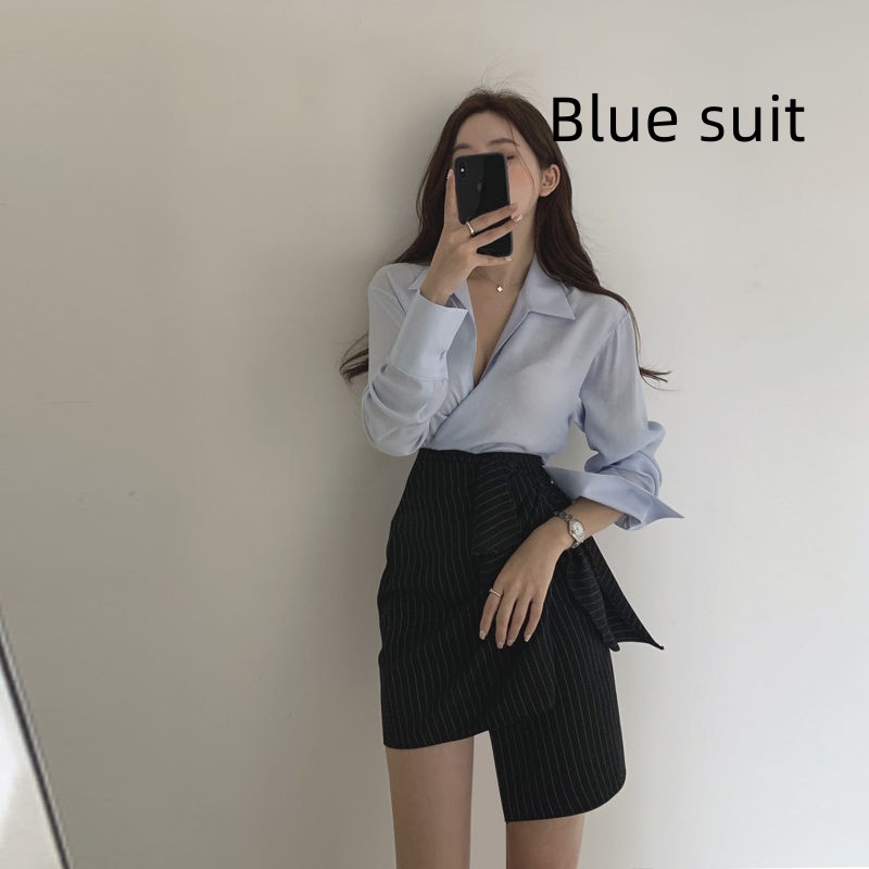 Blue Shirt Black Striped Skirt