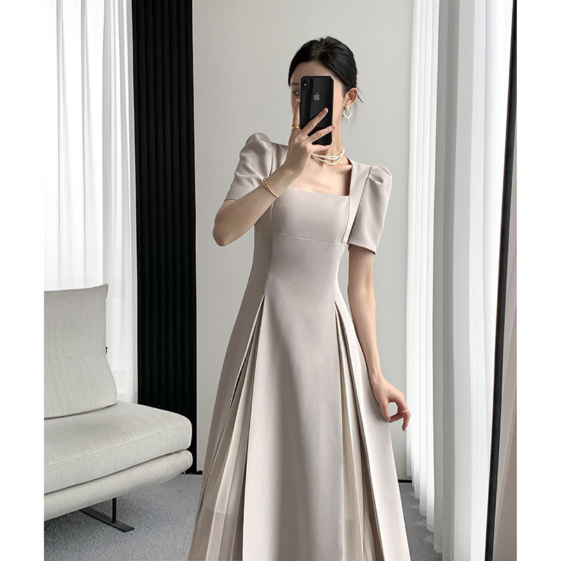 Solid Color Square Collar Women's French Style Retro Slimming Elegant Large Swing Dress