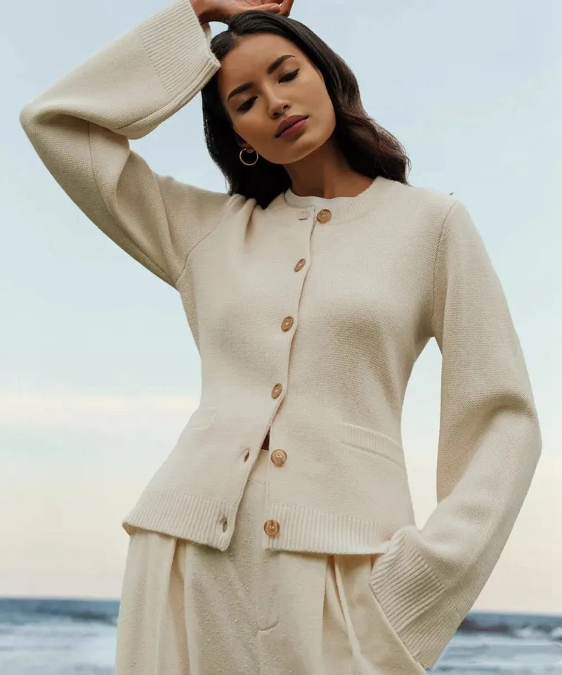 Women's Solid Color Round Neck Sweater Loose Knitted Cardigan - Ivory