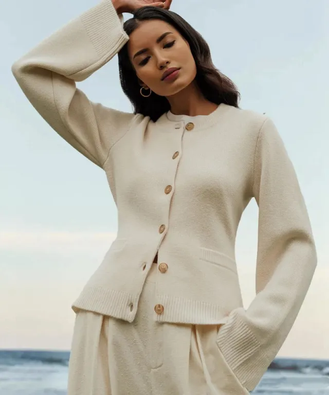Women's Solid Color Round Neck Sweater Loose Knitted Cardigan Ivory - Shop at LoveMi