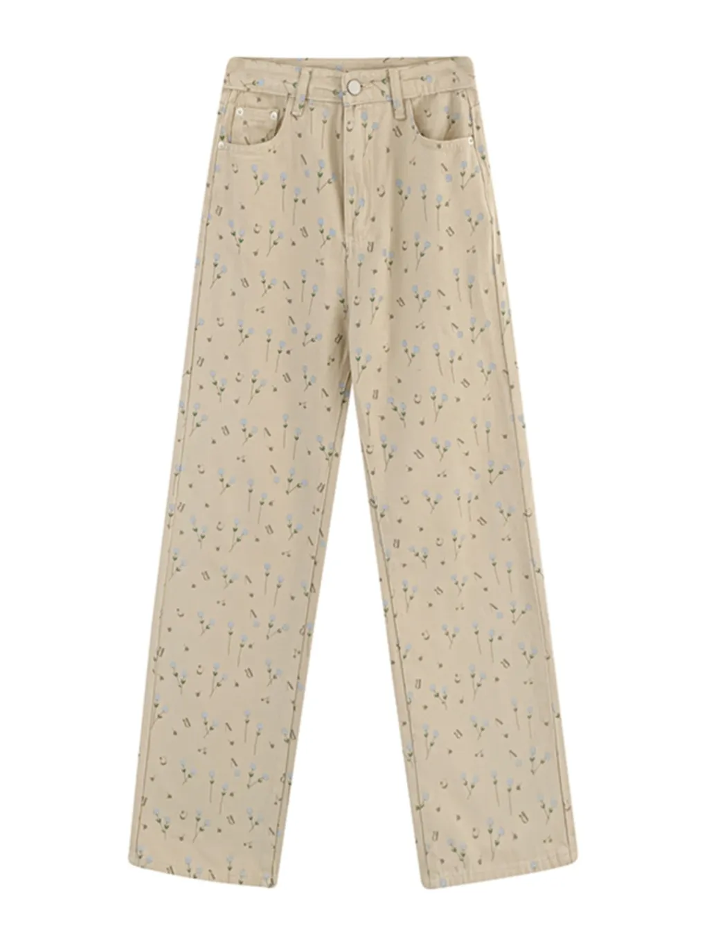 Homemade Floral Straight Leg Jeans For Women - Apricot
