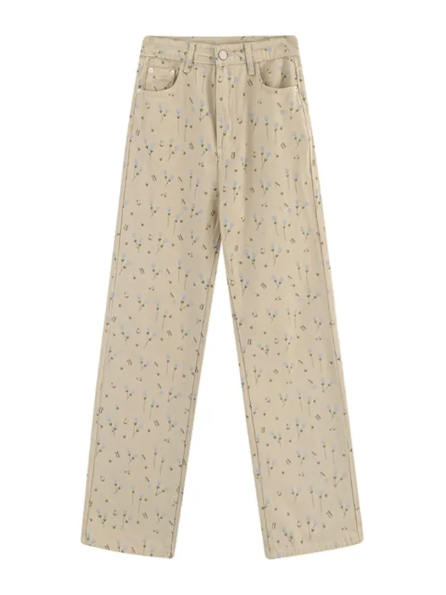 Homemade Floral Straight Leg Jeans For Women Apricot - Shop at LoveMi