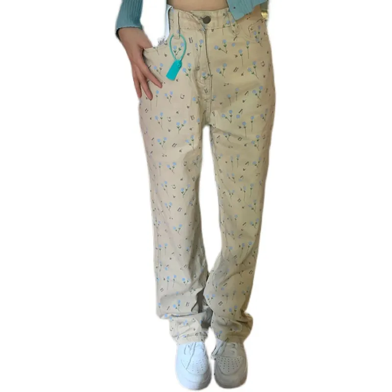 Casual High Waisted Straight Leg Wide Leg Pants - Floral