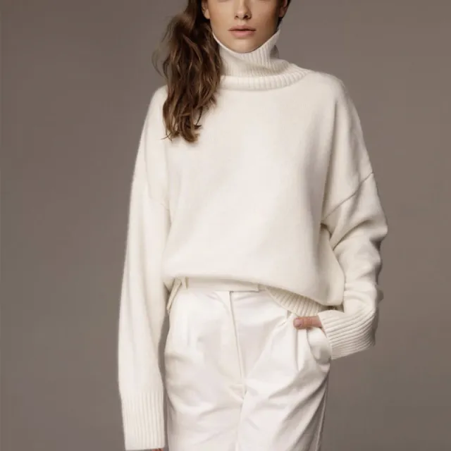 High Collar Loose Knitted Top Sweaters Women's Clothing Beige - Shop at LoveMi