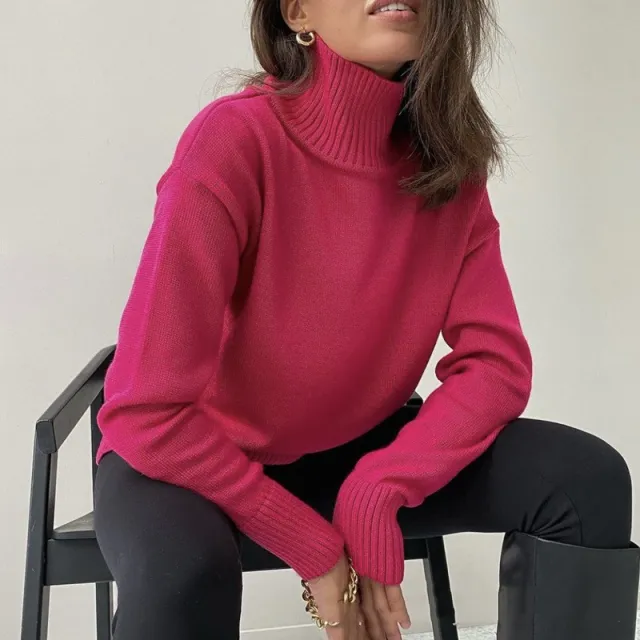 High Collar Loose Knitted Top Sweaters Women's Clothing Rose Red - Shop at LoveMi