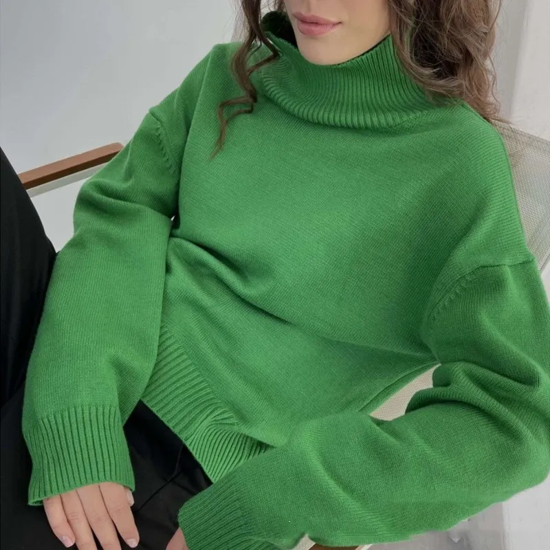 High Collar Loose Knitted Top Sweaters Women's Clothing - Green