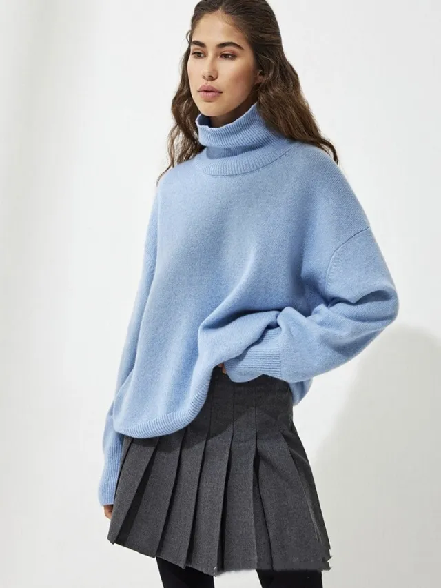 High Collar Loose Knitted Top Sweaters Women's Clothing Cyan - Shop at LoveMi
