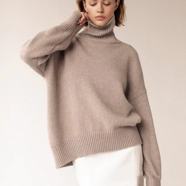 High Collar Loose Knitted Top Sweaters Women's Clothing Khaki - Shop at LoveMi
