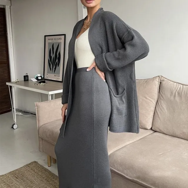 Women's Sweater Set Cardigan Loose Waistband High waisted Skirt Dark Gray - Shop at LoveMi