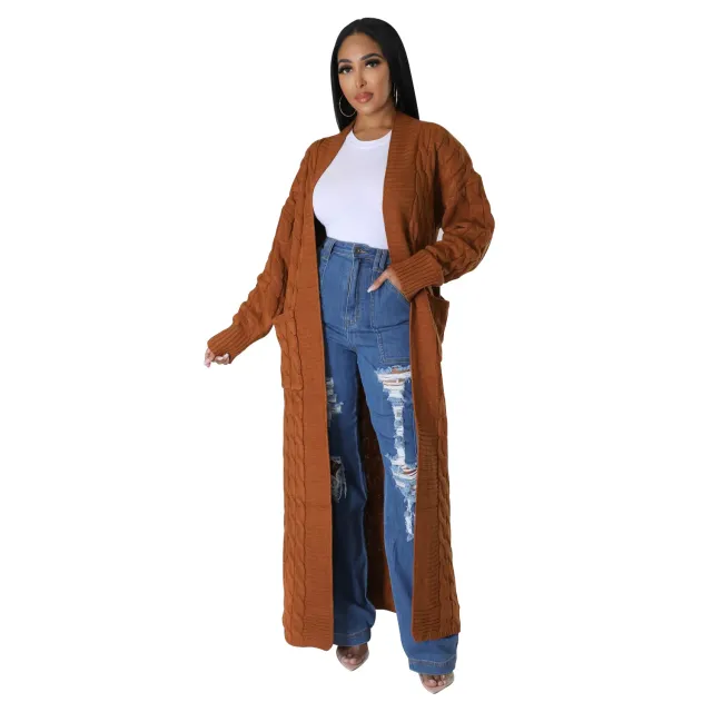 Women's Clothing Fashion Long Sleeve Long Sweater Coat Brown - Shop at LoveMi