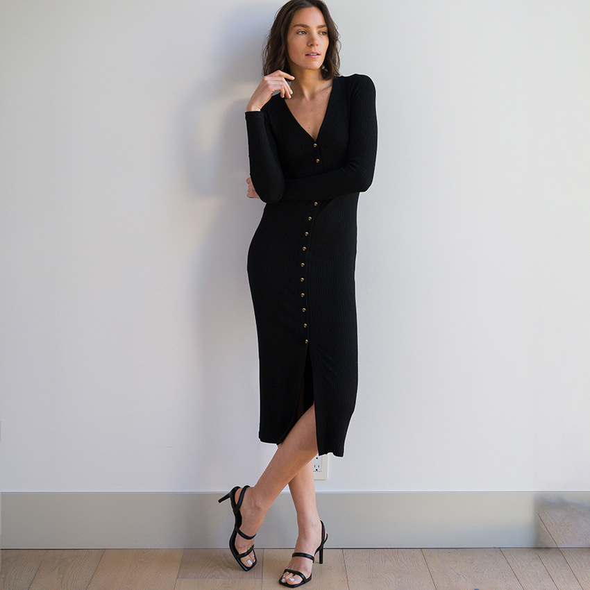 Knitted Slit Slim Dress V-neck