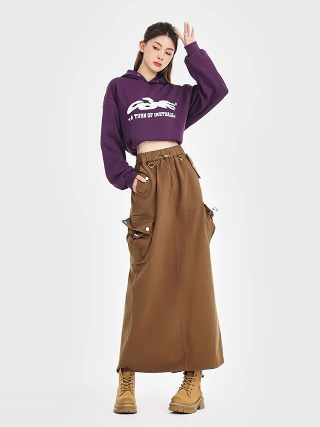Retro Loose Pockets Workwear Skirt Mocha - Shop at LoveMi