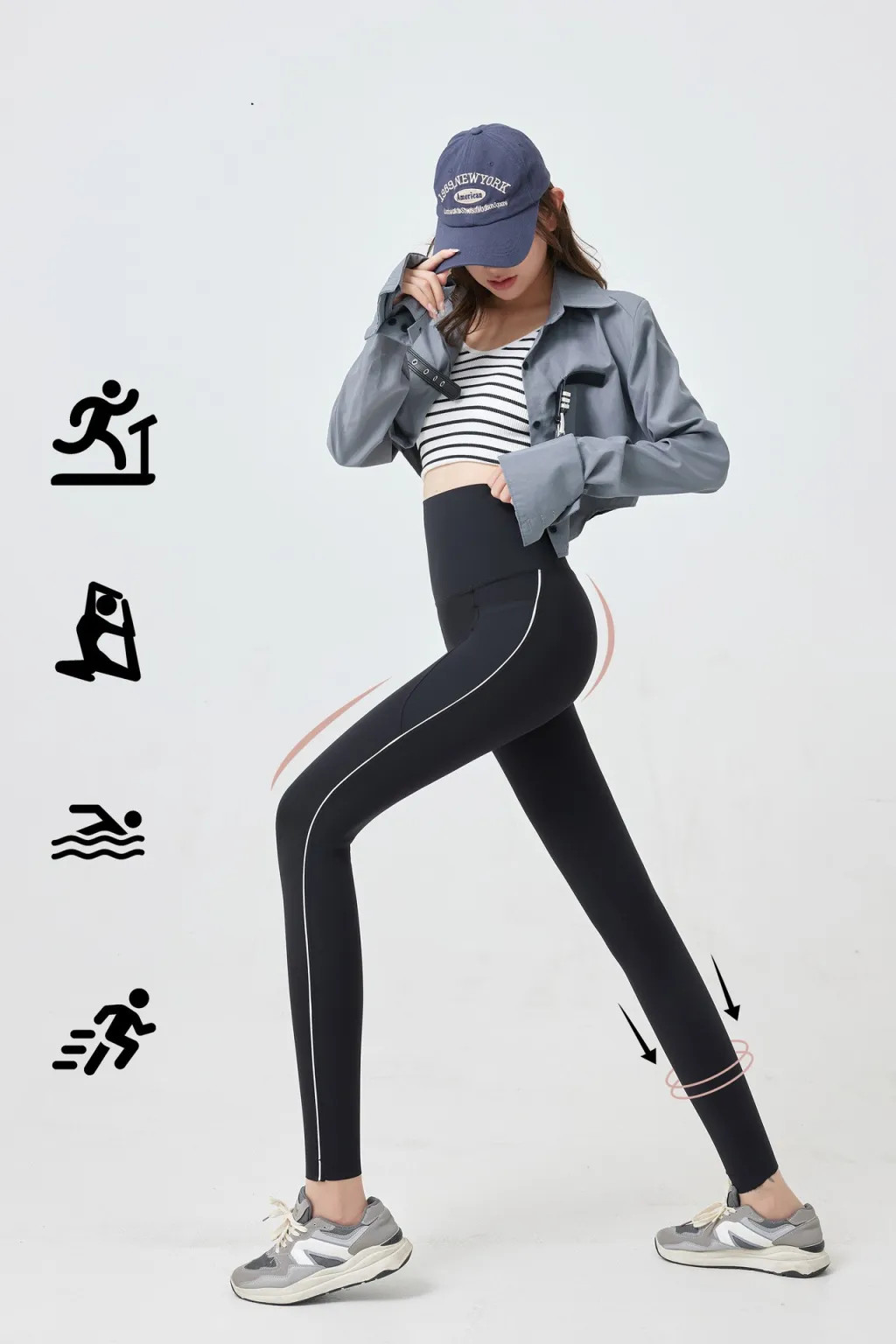 Line Dungarees Thick Shark Pants High Waist Hip Lift Leggings - Black No Velvet