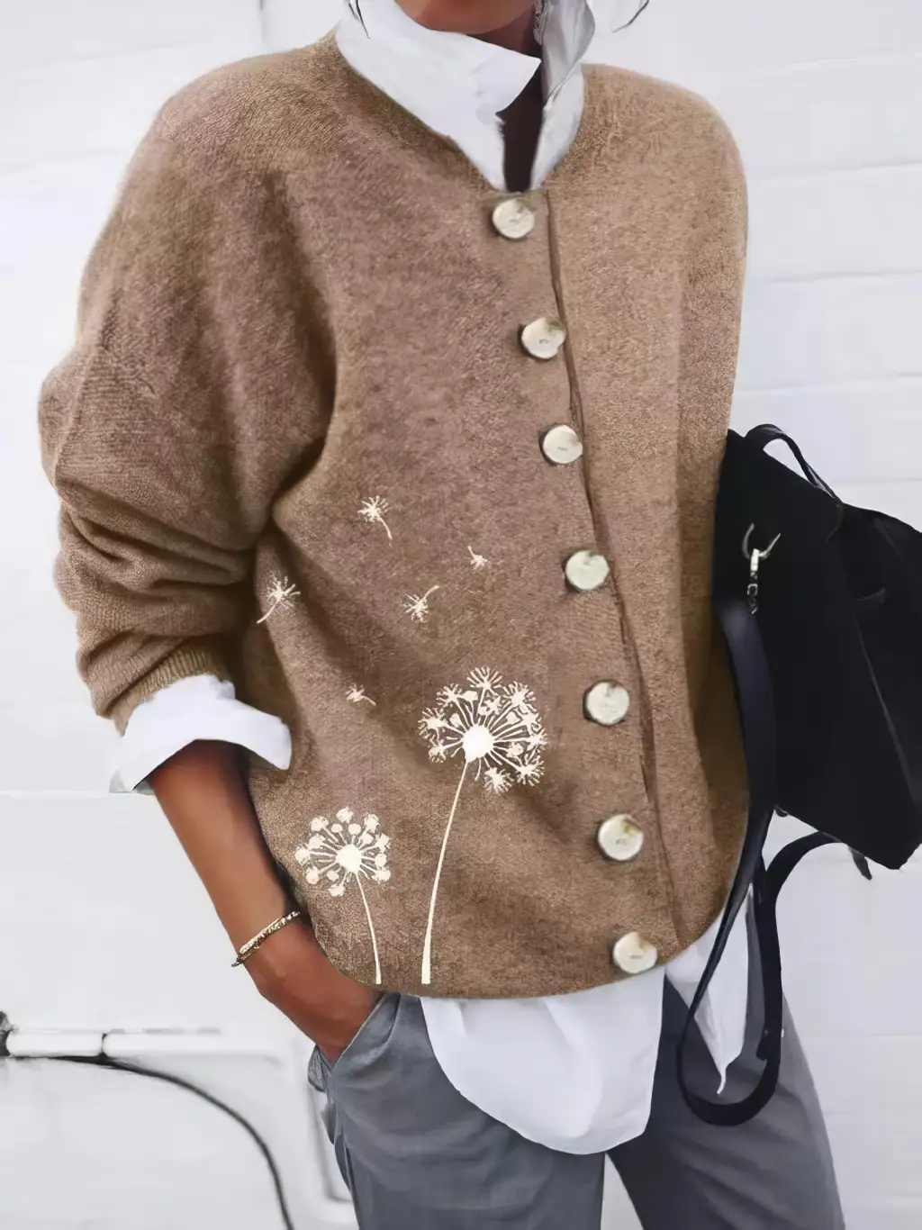Women's Cardigan Top Cashmere Wool Printing Long Sleeved Sweater Women - Coffee