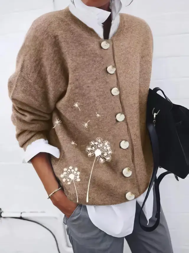 Women's Cardigan Top Cashmere Wool Printing Long Sleeved Sweater Women Coffee - Shop at LoveMi