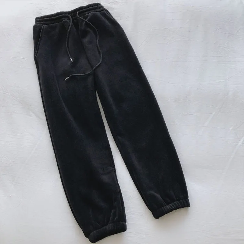 Sports Pants Female Fleece Lined Thick Loose Outerwear Casual Pants - Black Fleece Thick