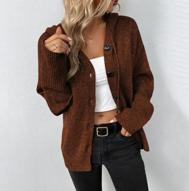 Ins Single breasted Hooded Sweater Women's Solid Color Cardigan Coat Clothing Caramel Xs - Shop at LoveMi