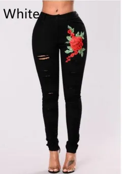 Women's Fashion Embroidery Ripped Black Denim Elastic Pants - White - View 1