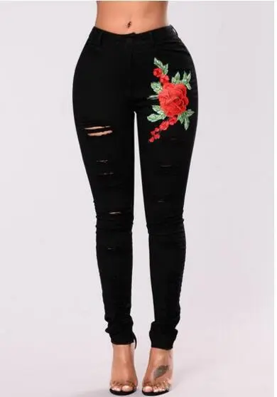 Women's Fashion Embroidery Ripped Black Denim Elastic Pants Black - Shop at LoveMi