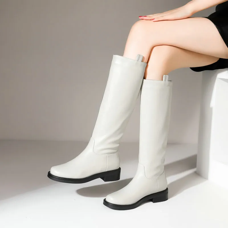 Leather Flat Round Toe Sand Brown Below The Knee High Leg Boots - Beige