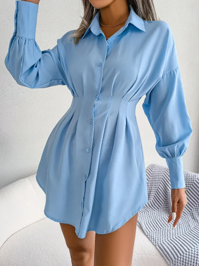 Lantern Sleeves Waist Asymmetric Dress Blue - Shop at LoveMi